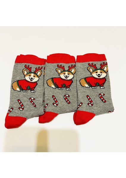 Figürlü Yılbaşı Çorabı Gri Renk 3'lü, Kadın/erkek
