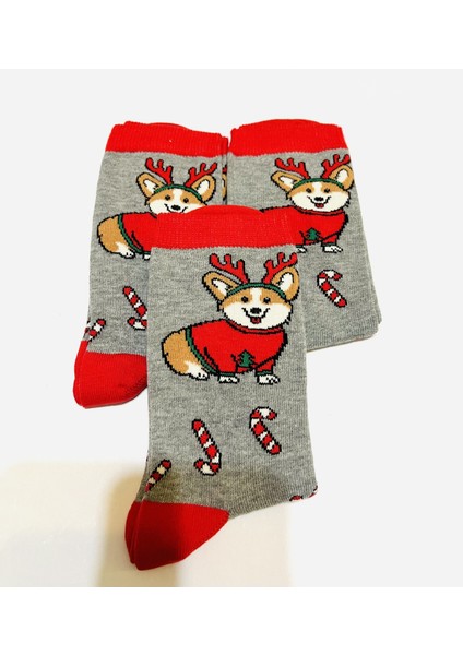 Figürlü Yılbaşı Çorabı Gri Renk 3'lü, Kadın/erkek fiyatları