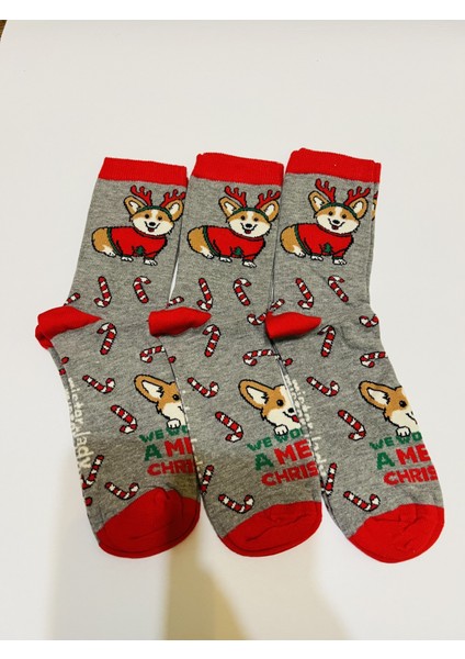 Figürlü Yılbaşı Çorabı Gri Renk 3'lü, Kadın/erkek modelleri