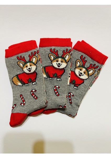 Figürlü Yılbaşı Çorabı Gri Renk 3'lü, Kadın/erkek fırsatları