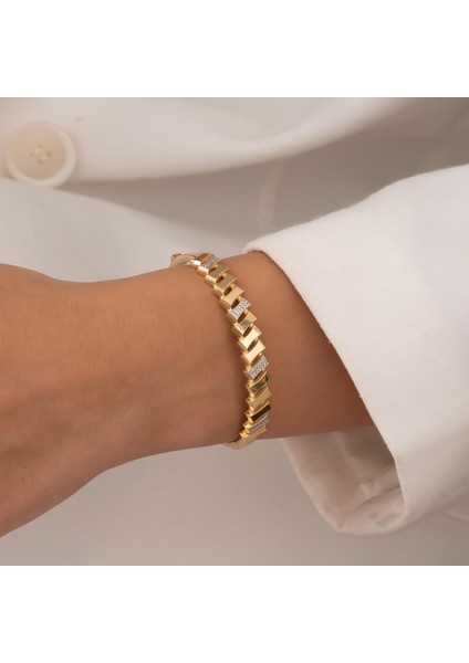 Taşlı Geometrik Model 14 Ayar Altın Kelepçe