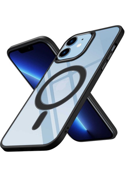 iPhone 12 Kılıf Wireless Şarj Özellikli Vlmt Krom Magsafe Silikon Kapak-Siyah