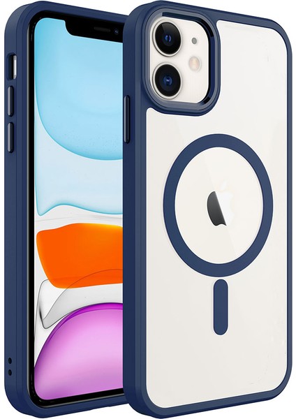 Apple iPhone 11 Kılıf Wireless Şarj Özellikli Vlmt Krom Magsafe Silikon Kapak-Lacivert