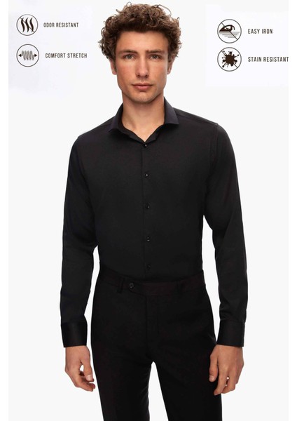 Slim Fit Siyah Düz Gömlek