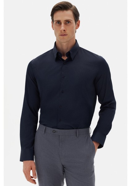 Slim Fit Lacivert Düz Gömlek modelleri