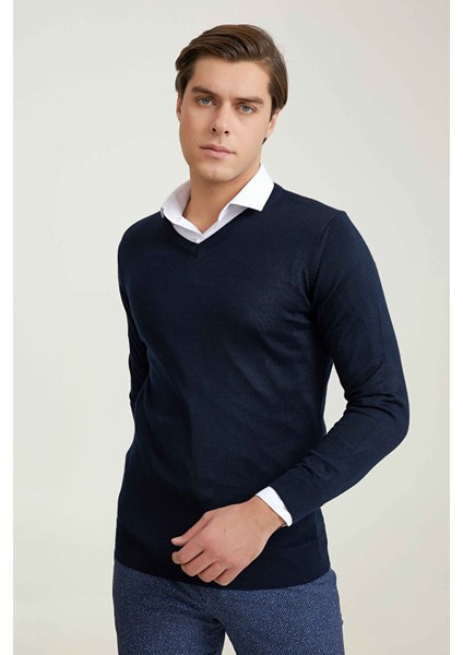 Ds Damat Regular Fit Lacivert Düz Örgü Kazak