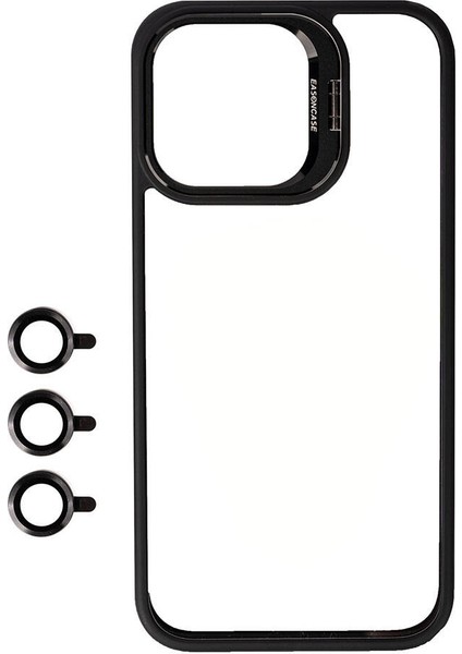 iPhone 15 Pro Uyumlu Kamera Lens Korumalı Standlı Vlmt Klon Lensli Kapak-Siyah