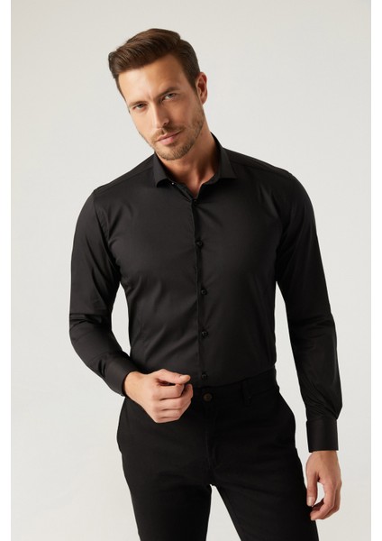 Slim Fit Siyah Düz Gömlek