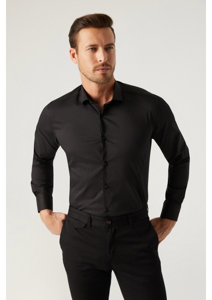 Slim Fit Siyah Düz Gömlek fırsatları