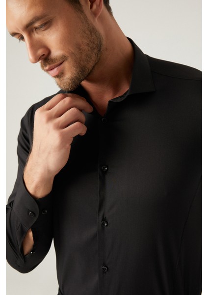 Slim Fit Siyah Düz Gömlek indirimleri