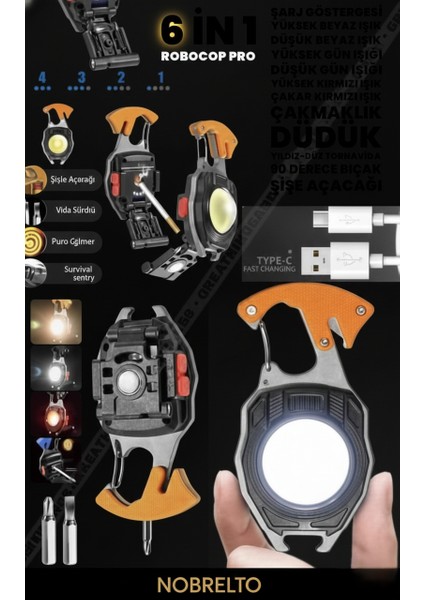 Nobrelto 6 In 1 Robocop Pro Çok Amaçlı Şarjlı Anahtarlık Feneri - Çakmaklı, Düdüklü, Bıçaklı ve Tornavidalı Kamp Işığı modelleri