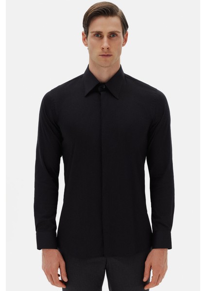 Slim Fit Siyah Düz Gömlek