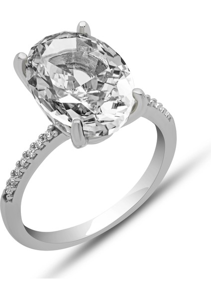 Gümüş Ice Cut Oval Zirkon Taşlı Kadın Yüzük