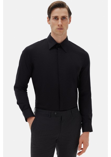 Slim Fit Siyah Düz Gömlek modelleri