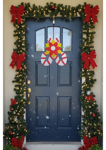 Şeker Kamışı ve Çiçek Desenli Simli Eva Yılbaşı Kapı Süsü