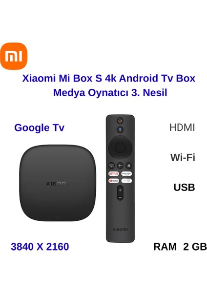 Mi Box S 4K Android Tv Box 3. Nesil 2 GB Ram HDMI ve Wi-Fi Desteği Siyah