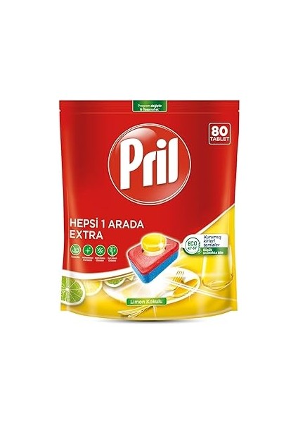 Pril Hepsi Bir Arada Extra Tablet Bulaşık Deterjanı 80 Yıkama, 80 Tablet