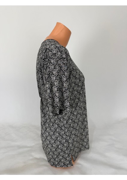 Kadın Siyah Gri U Yaka Kısa Kollu Desenli Yırtmaçlı Dokuma Viskon Anne Penye Tişört fırsatları