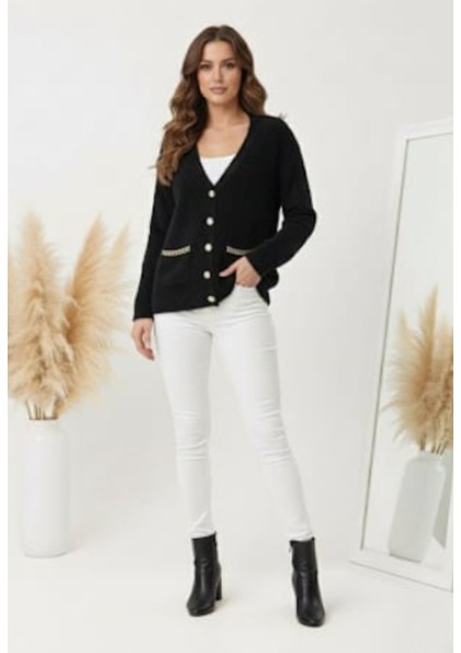 Kadın Zigzag Biye Cepli Gold Detay Düğmeli Peluş Ceket Hırka