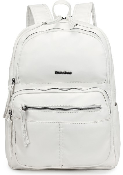 Barcelona Günlük Çok Cepli Orta Boy Kadın Sırt Çantası 1872 Beyaz