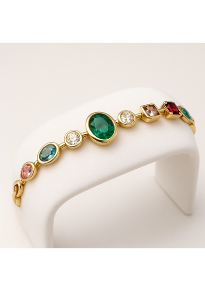 Gold Renk Enerji Serisi Çok Renkli Taş Bileklik 316L Kararmaz Paslanmaz Çelik