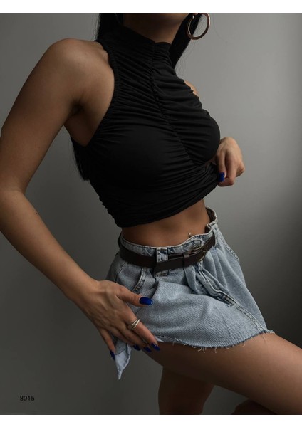 Asimetrik Büzgülü Crop Bluz