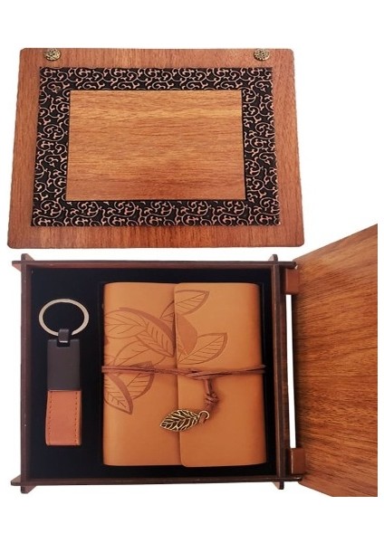 Ahşap Kutulu Taba Renk Deri Defter Anahtarlık Set