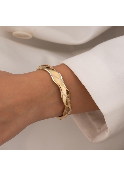 Taşlı Geometrik Model 14 Ayar Altın Kelepçe