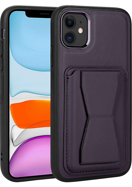 Apple iPhone 11 Kılıf Kartlıklı Standlı ​pu Deri Vlmt Memo Kapak-Koyu Mor
