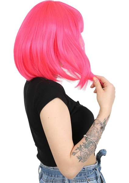 Küt Kahküllü Fiber Sentetik Peruk / Neon Pembe fiyatları