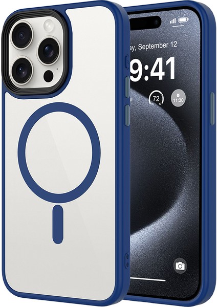 iPhone 14 Pro Max Kılıf Mat Arka Yüzey Wireless Şarj Özellikli Mkst Flet M-Safe Kapak - Mavi