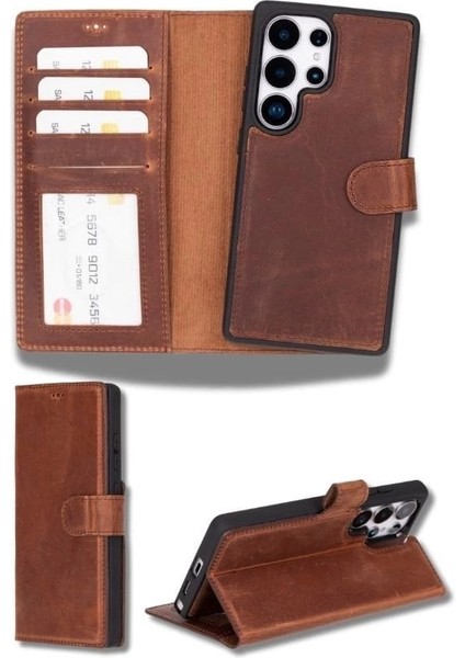Buğz Samsung Galaxy S25 Ultra Uyumlu, Hakiki Deri, El Yapımı, Cüzdanlı Kılıf, Antik Kahve indirimleri