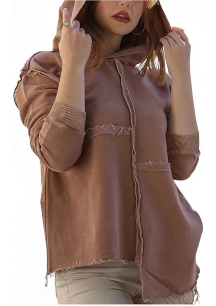 Kapüşonlu Uzun Kol Yıkamalı Casual Pamuklu Asimetrik Örme Sweatshirt
