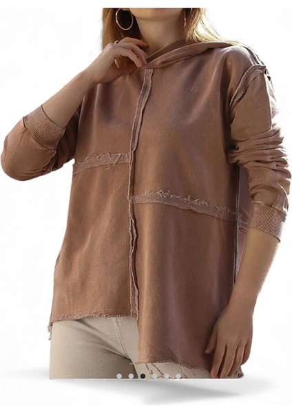 Kapüşonlu Uzun Kol Yıkamalı Casual Pamuklu Asimetrik Örme Sweatshirt fiyatları