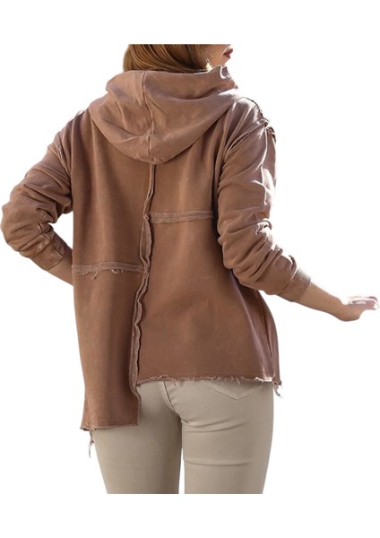 Kapüşonlu Uzun Kol Yıkamalı Casual Pamuklu Asimetrik Örme Sweatshirt modelleri