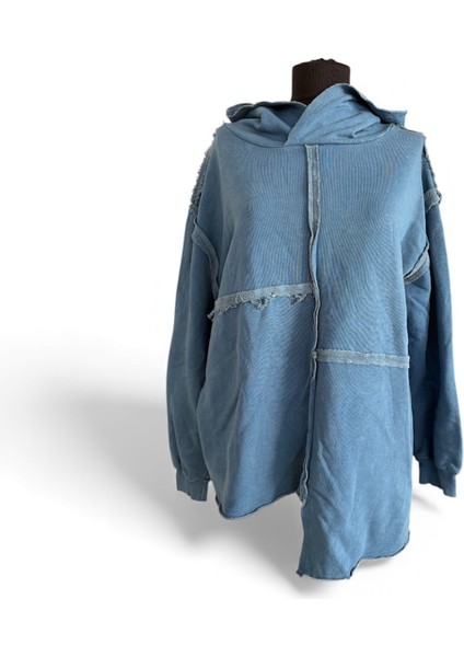 Kapüşonlu Uzun Kol Yıkamalı Casual Pamuklu Asimetrik Örme Sweatshirt