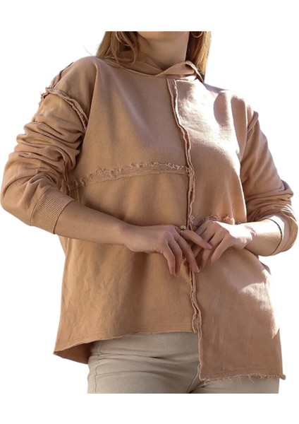 Kapüşonlu Uzun Kol Yıkamalı Casual Pamuklu Asimetrik Örme Sweatshirt