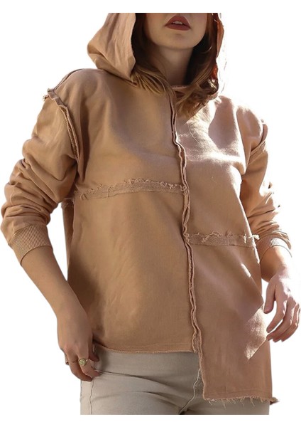 Kapüşonlu Uzun Kol Yıkamalı Casual Pamuklu Asimetrik Örme Sweatshirt fiyatları