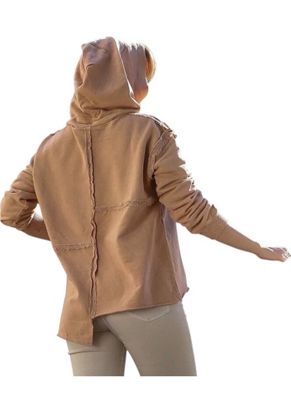 Kapüşonlu Uzun Kol Yıkamalı Casual Pamuklu Asimetrik Örme Sweatshirt modelleri