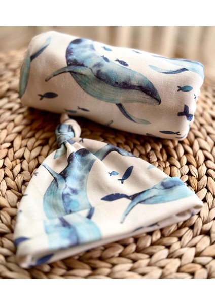 Mavi Balina Desen %100 Organik Pamuk Çift Katlı Kalın Battaniye & Şapka Seti