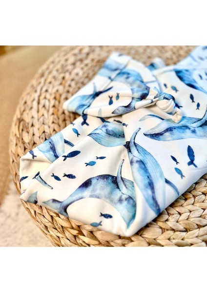 Mavi Balina Desen %100 Organik Pamuk Çift Katlı Kalın Battaniye & Şapka Seti fiyatları