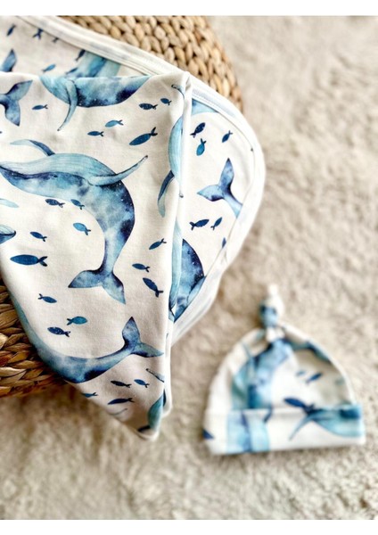Mavi Balina Desen %100 Organik Pamuk Çift Katlı Kalın Battaniye & Şapka Seti modelleri