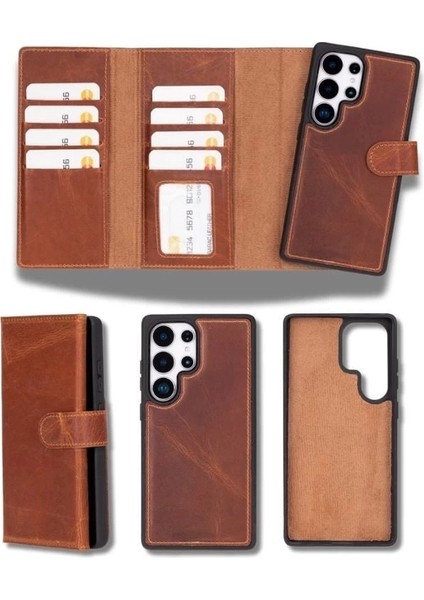 Buğz Samsung Galaxy S25 Ultra Uyumlu, Hakiki Deri, El Yapımı, Cüzdanlı Kılıf, Karamel