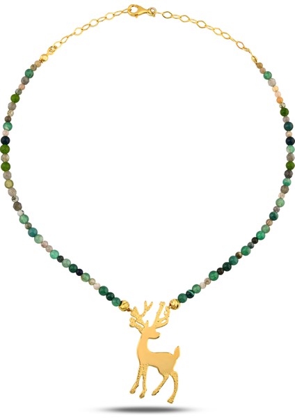 Geyik & Yeşil Akik 925 Ayar Gümüş Kolye – 18K Altın Kaplama, El Yapımı fiyatları