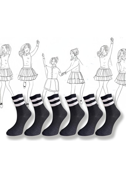 6'lı Paket , Siyah Zemin Üzerine Beyaz Çemberli Günlük Kolej - Tenis Çorabı