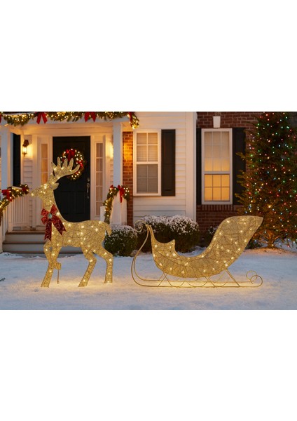 Yapay Noel Dekoru | Önceden Dizilmiş LED Işıklar ve Yer Kazıkları Içerir | Ren Geyiği ve Noel Baba Kızağı Yılbaşı Süsü - 1,2 M, Beyaz, Kırmızı, Yeşil fiyatları