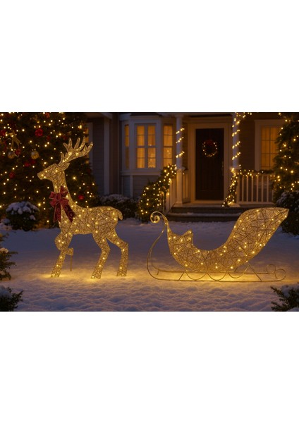 Yapay Noel Dekoru | Önceden Dizilmiş LED Işıklar ve Yer Kazıkları Içerir | Ren Geyiği ve Noel Baba Kızağı Yılbaşı Süsü - 1,2 M, Beyaz, Kırmızı, Yeşil modelleri