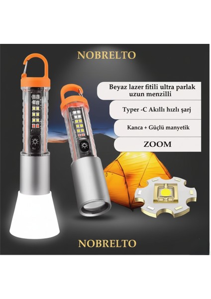 Nobrelto Beyaz Lazer (White Laser) Profesyonel Kamp Feneri - Mıknatıslı, Kancalı, Type-C Şarjlı ve Zoomlu El Feneri fiyatları