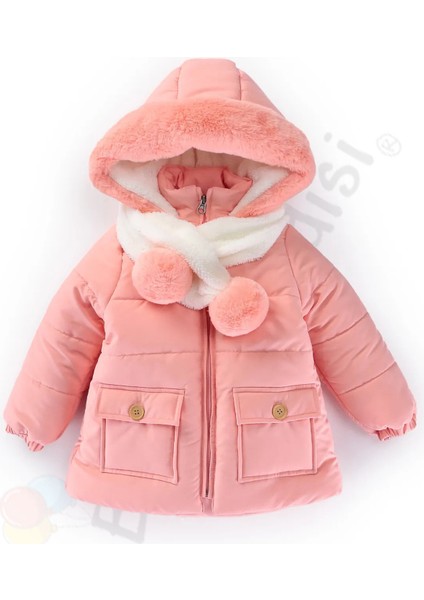 Atkı Kapüşonlu Cepli Içi Peluş Kürklü Fermuarlı Kapitone Kar Şişme Kışlık Kız Bebek Mont Çocuk Kaban