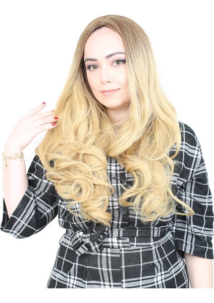 Yoğun Dalgalı Fiber Sentetik Uzun Perçemsiz Peruk / Kumral / Sarı Ombreli